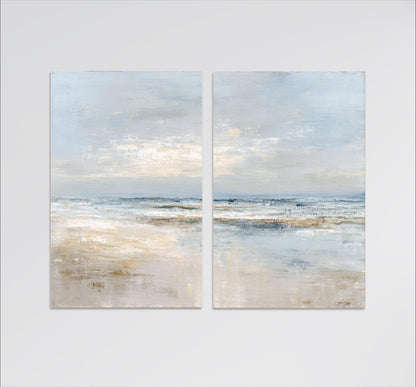 The image is a painting depicting a serene landscape of a beach with a calm ocean and a cloudy sky.
