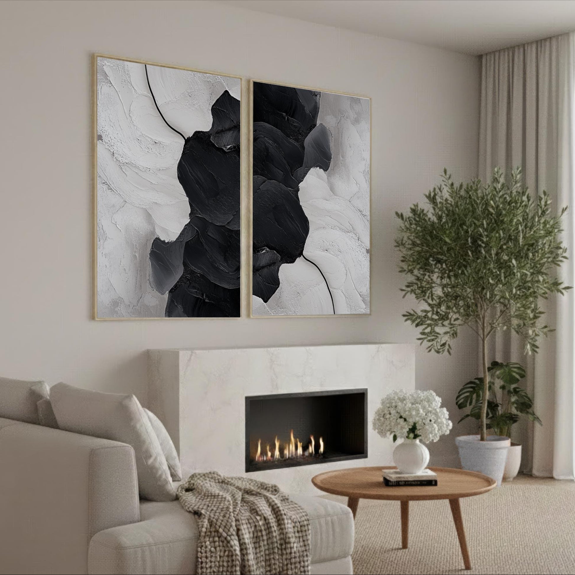 a modern living room with a fireplace, a sofa, and a coffee table. The room has a minimalist and clean design, with a large abstract painting hanging on the wall above the fireplace.