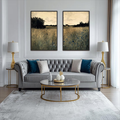 a modern living room with a gray tufted sofa, a round glass coffee table, and two side lamps with gold bases. Above the sofa, there are two framed landscape paintings depicting a field with trees and a house.
