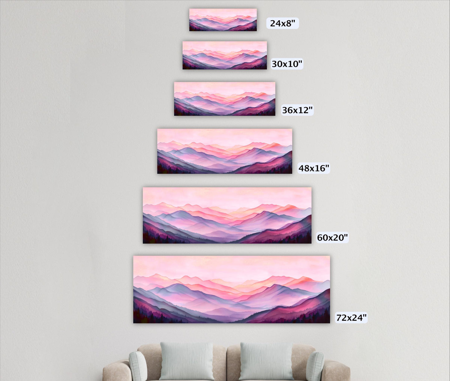 A series of landscape paintings depicting mountains, each varying in size and dimensions, ranging from 24"x8" to 60"x20".