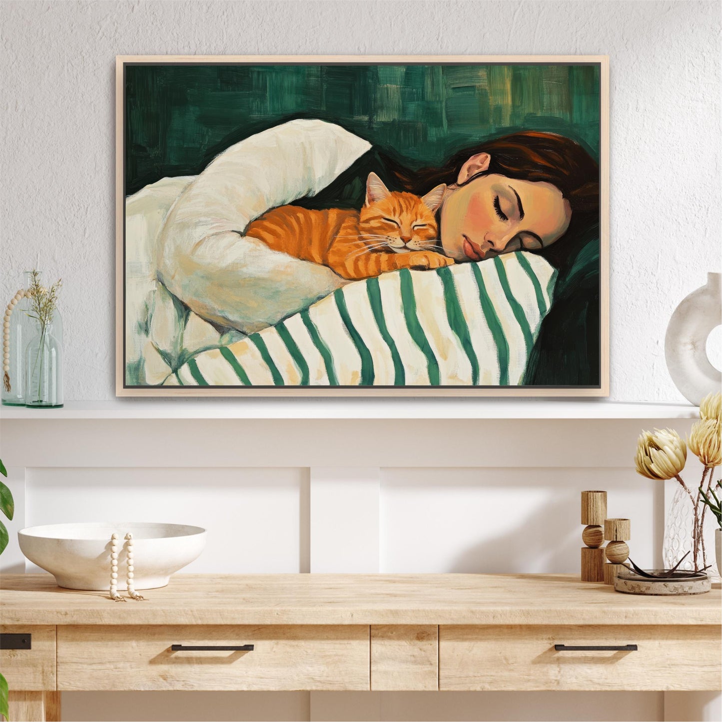 a painting of a woman laying in bed with a cat