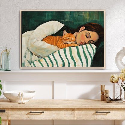 a painting of a woman laying in bed with a cat
