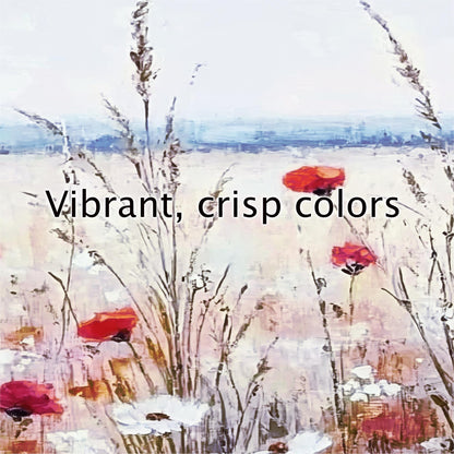 a painting of a field of flowers with the words vibrant, crisp colors