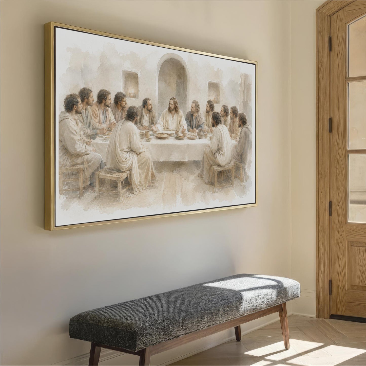 The image is a large painting depicting a group of people gathered around a table, with a central figure, likely Jesus, seated at the table. The painting is hung on a wall above a gray bench.