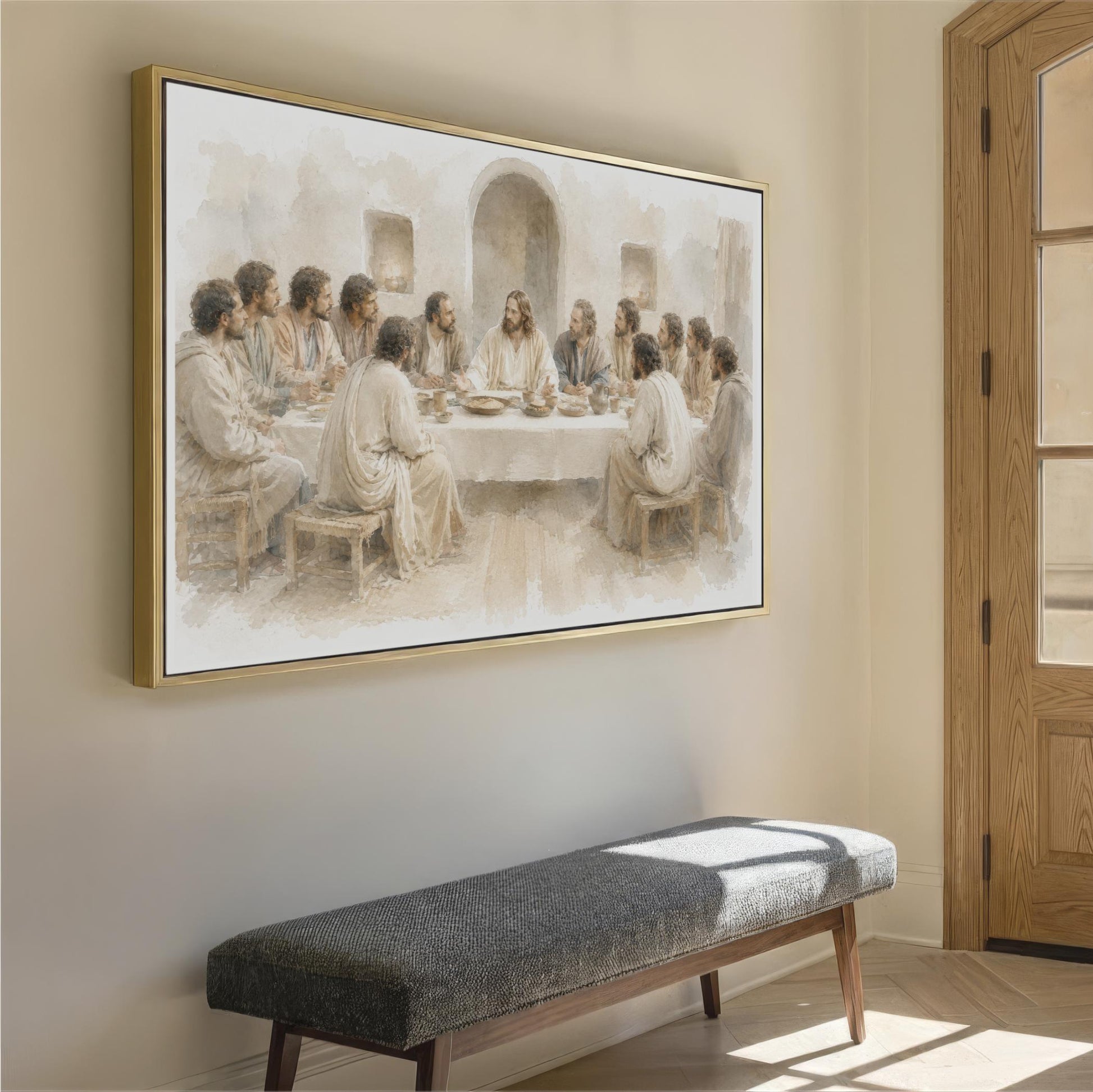 The image is a large painting depicting a group of people gathered around a table, with a central figure, likely Jesus, seated at the table. The painting is hung on a wall above a gray bench.