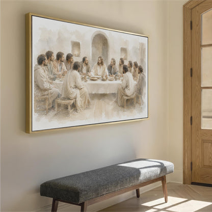 The image is a large painting depicting a group of people gathered around a table, with a central figure, likely Jesus, seated at the table. The painting is hung on a wall above a gray bench.