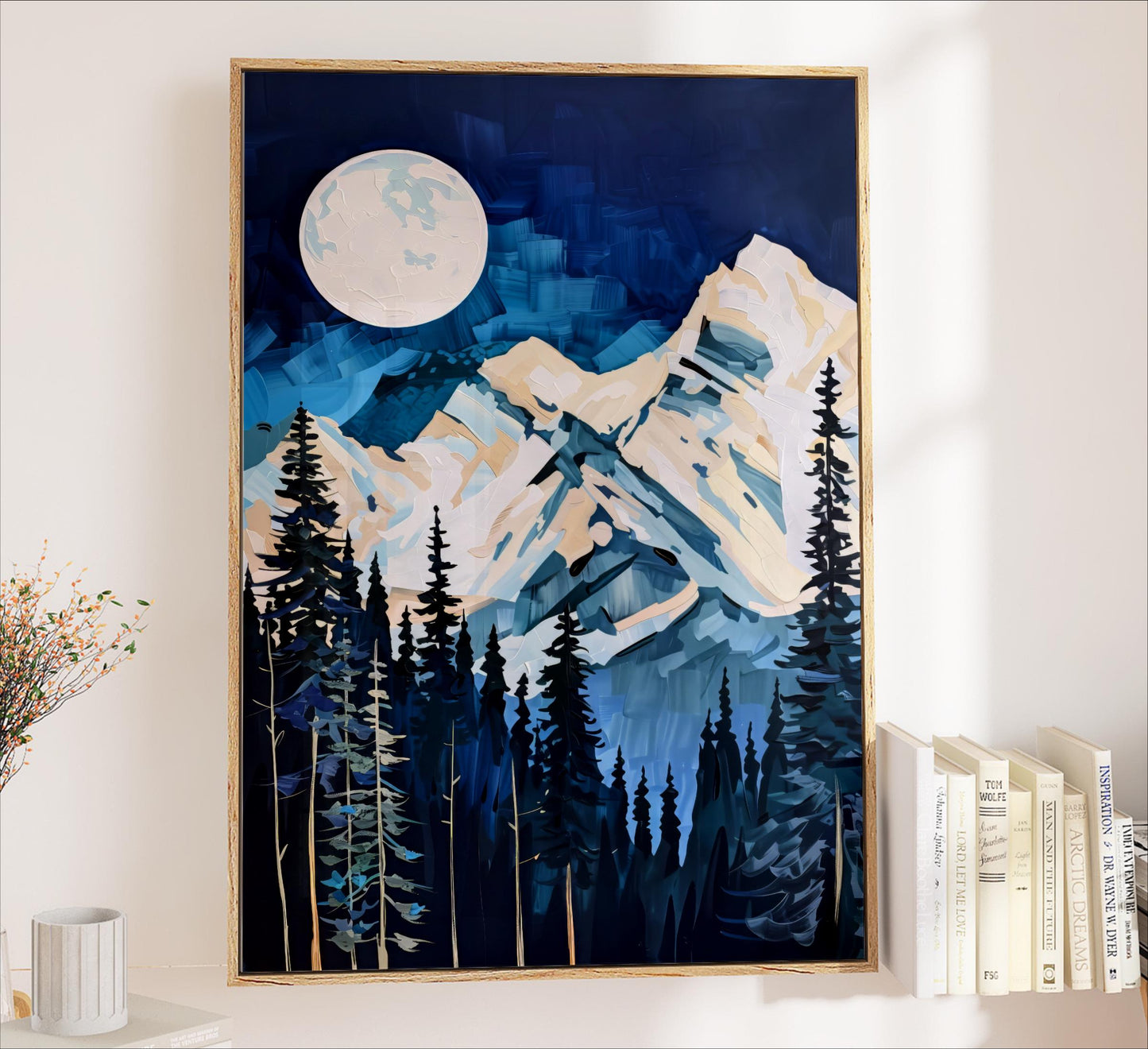 a large painting of a mountain landscape with a full moon in the night sky, surrounded by pine trees and mountains.