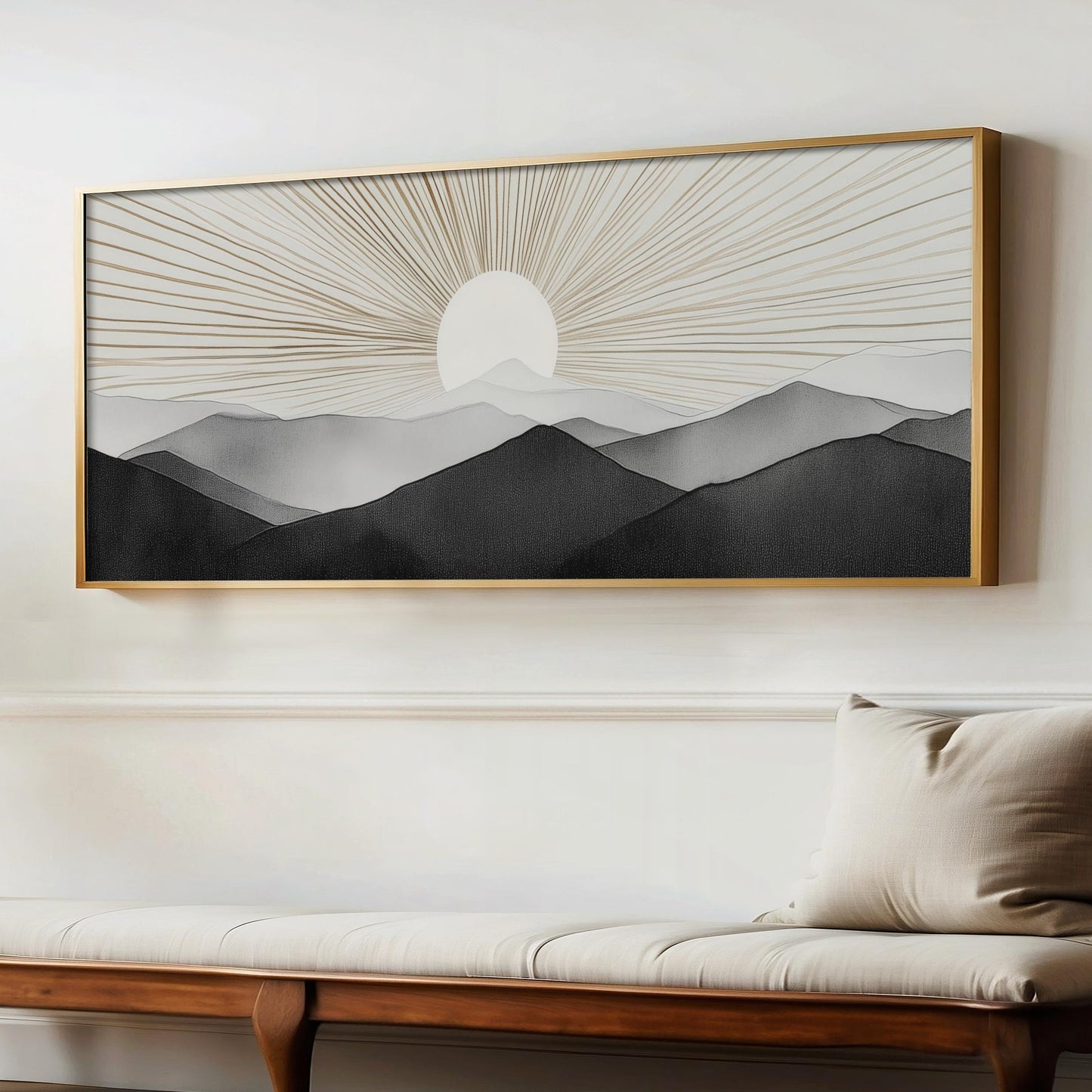 Black White Gold Boho Sunrise Mountain Wall Art - Minimalist Sun Landscape - Modern Neutral Panorama

Bring a sense of calm and modern elegance to your space with this minimalist mountain sunrise wall art, featuring layered mountain silhouettes in black and white with radiant gold sunburst lines. The panoramic landscape design creates a striking focal point while maintaining a clean, neutral aesthetic.