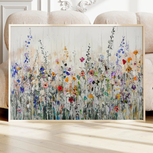 Colorful Framed Wildflowers Art, Floral Landscape, Modern Vintage Farmhouse Artwork Canvas Print, Nature Decor Above the Bed Wall Art
