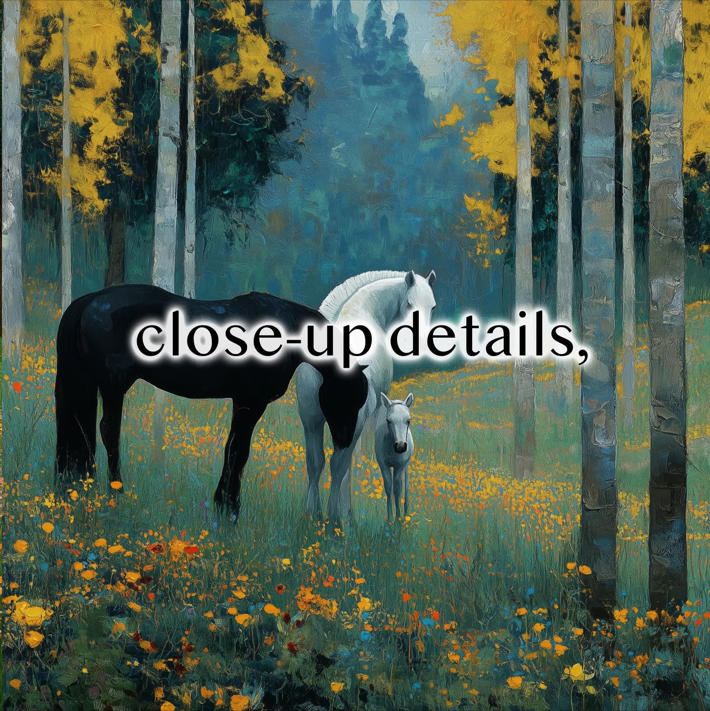A close-up of two horses in a field of flowers, with trees and a blue sky in the background.