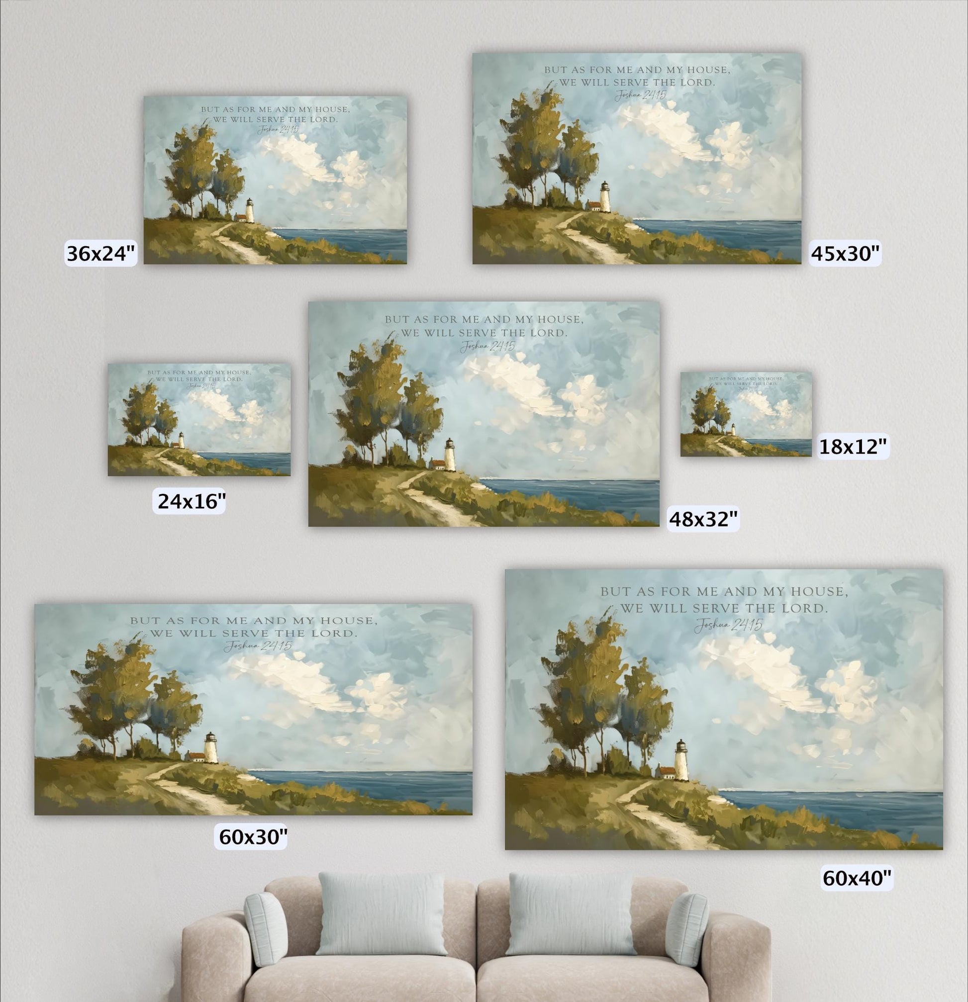 a collection of six landscape paintings, each depicting a serene scene of a path leading to a lighthouse on a hill overlooking the ocean. The paintings vary in size, ranging from 36 inches to 48 inches wide. The text accompanying each painting reads "But as for me and my house, we will serve the Lord" and is located at the bottom of the paintings.