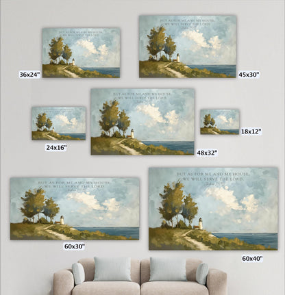a collection of six landscape paintings, each depicting a serene scene of a path leading to a lighthouse on a hill overlooking the ocean. The paintings vary in size, ranging from 36 inches to 48 inches wide. The text accompanying each painting reads "But as for me and my house, we will serve the Lord" and is located at the bottom of the paintings.