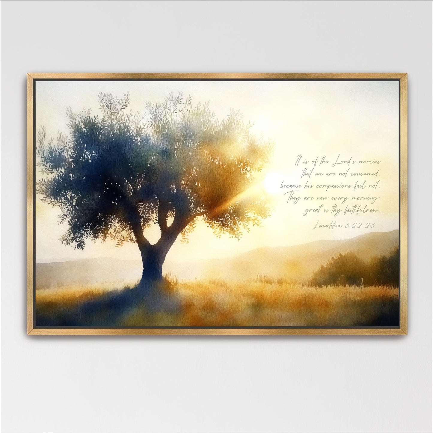 a serene landscape with a large tree silhouetted against a golden sunrise or sunset, casting a warm glow over the field and mountains in the background.