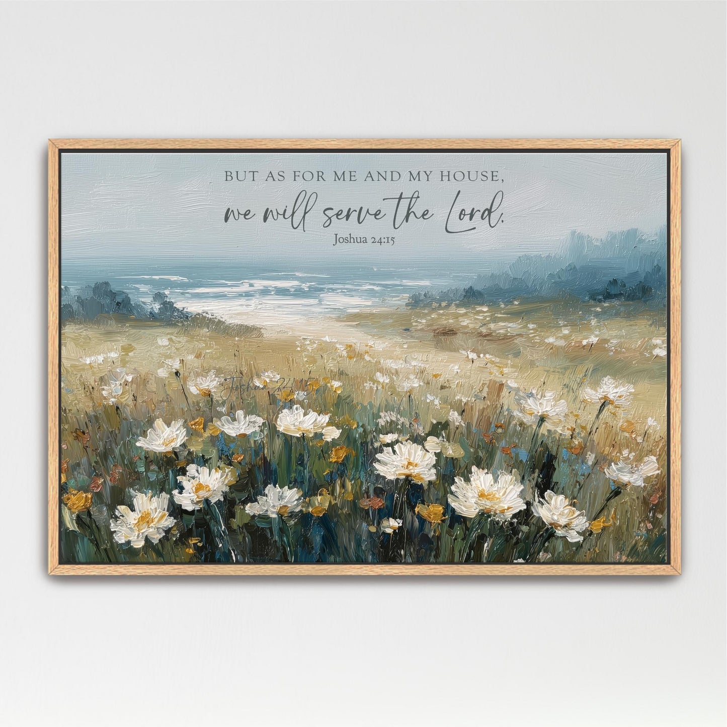 The image is a framed painting depicting a field of white flowers against a blue sky.