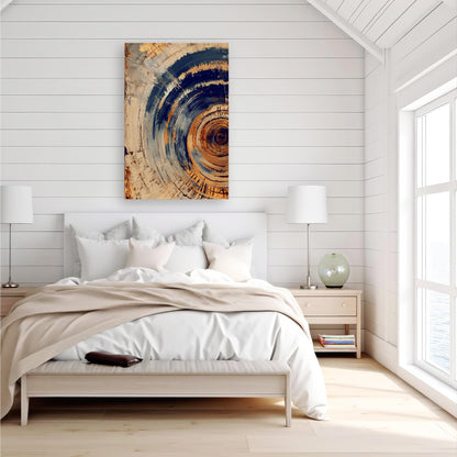 a serene and modern bedroom with a large bed, white bedding, and a large abstract painting hanging above it. The room has white walls, a wooden floor, and a window overlooking the ocean.