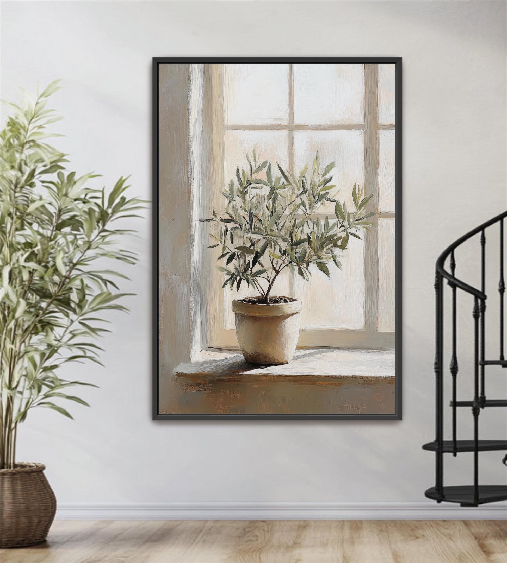 a potted plant with green leaves, placed on a windowsill, with a black metal spiral staircase visible in the background.