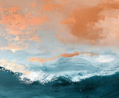 The image is an abstract painting featuring a vibrant mix of blue, orange, and white colors, creating a dynamic and energetic composition.