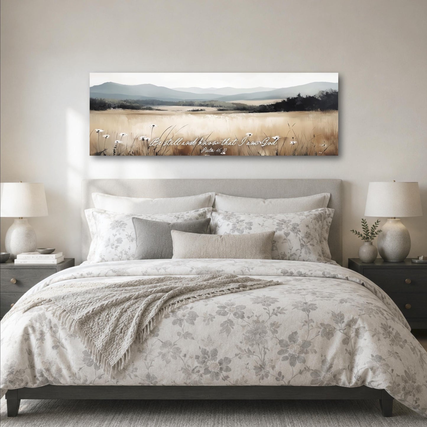 a bedroom with a large bed, a nightstand on each side, and a painting of a field above the bed.