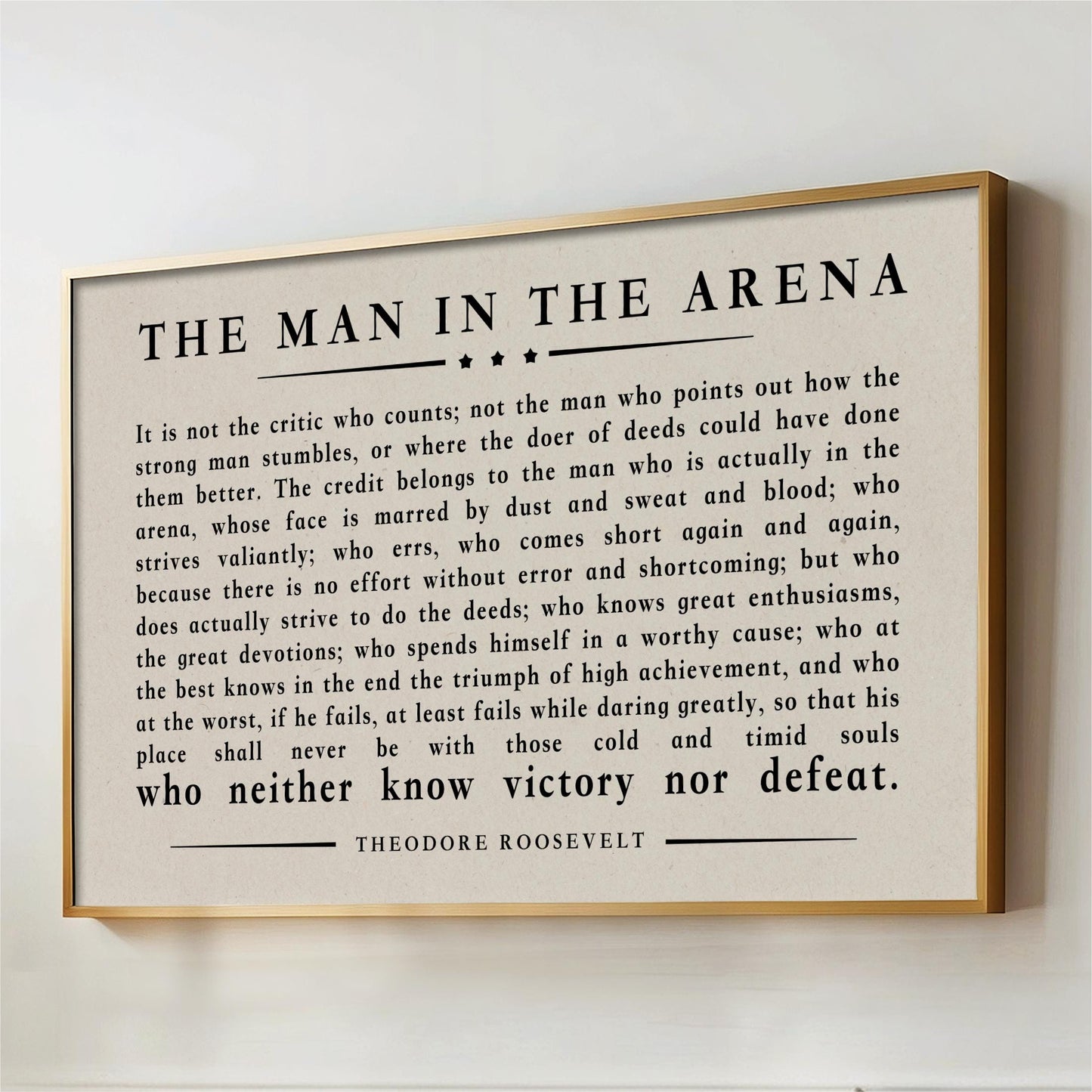 a quote from Theodore Roosevelt, a famous American president, which is framed and displayed on a wall.