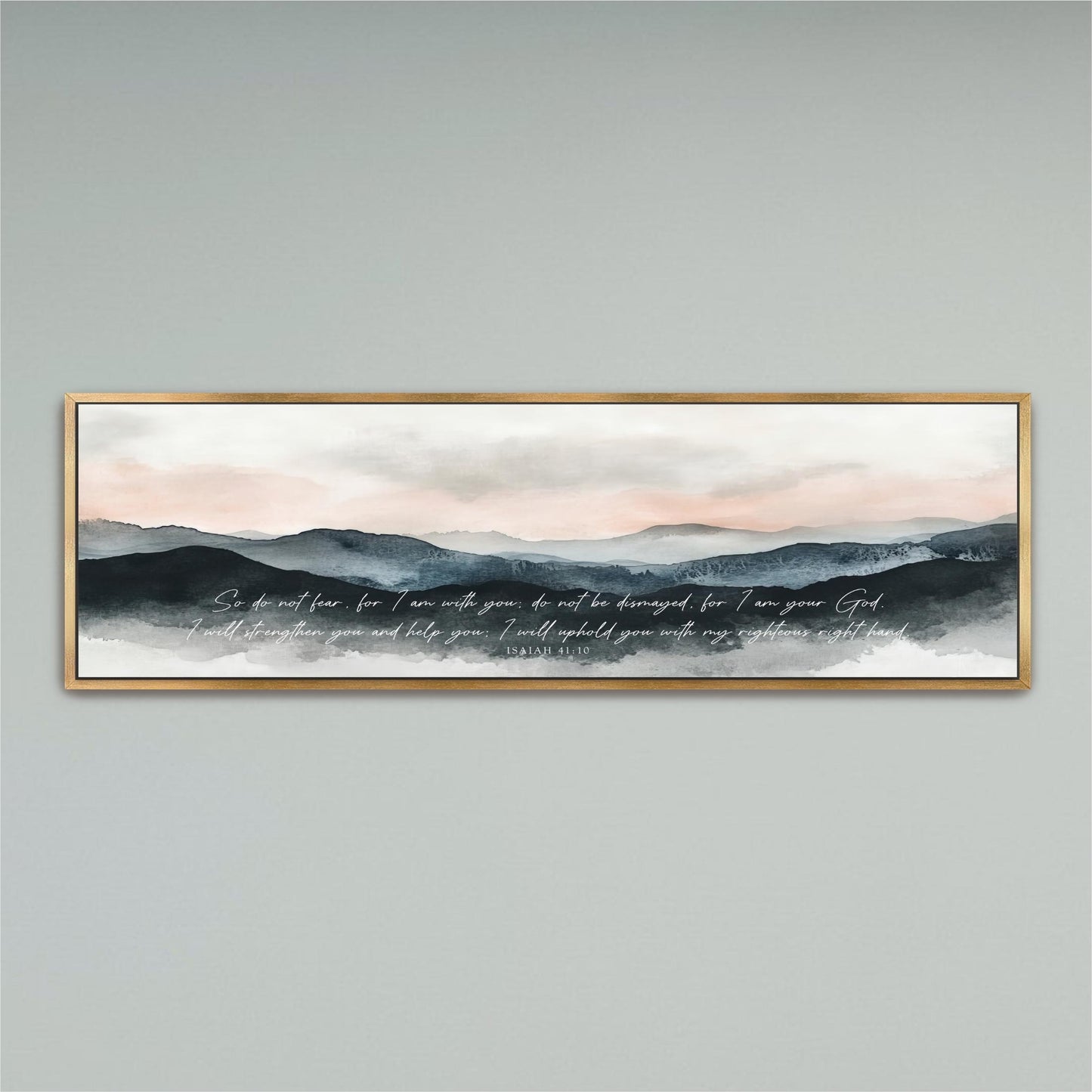 The image is a framed watercolor painting depicting a serene landscape with mountains and a cloudy sky.