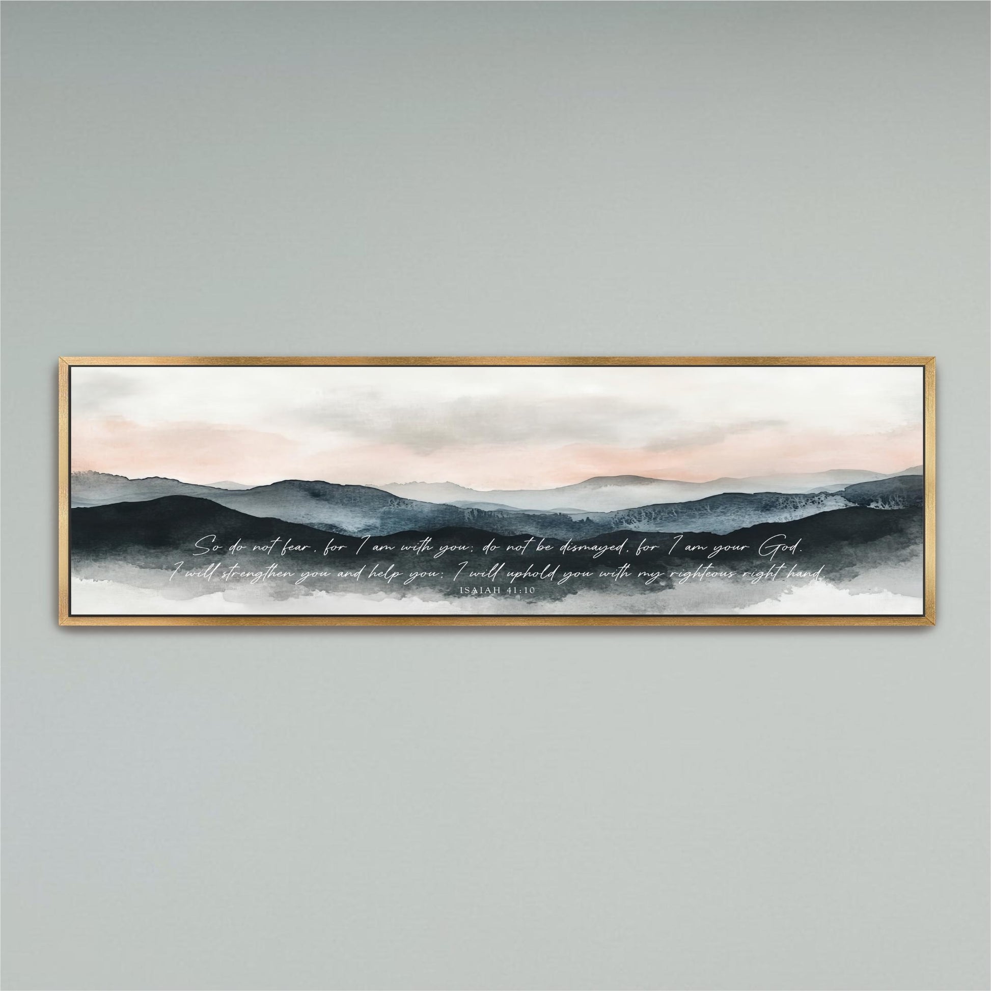 The image is a framed watercolor painting depicting a serene landscape with mountains and a cloudy sky.