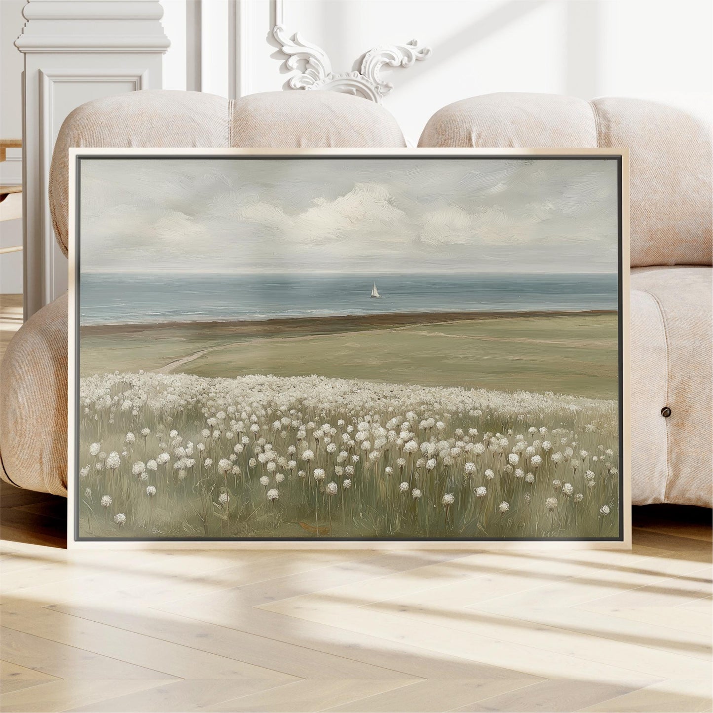 White Floral Seascape Sailboat Wall Art, Neutral Coastal Landscape, Wildflower Meadow Ocean Field Painting, Modern Vintage Farmhouse Decor