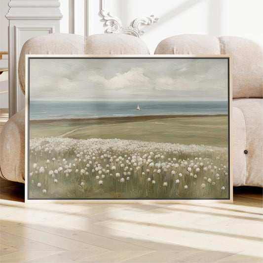White Floral Seascape Sailboat Wall Art, Neutral Coastal Landscape, Wildflower Meadow Ocean Field Painting, Modern Vintage Farmhouse Decor