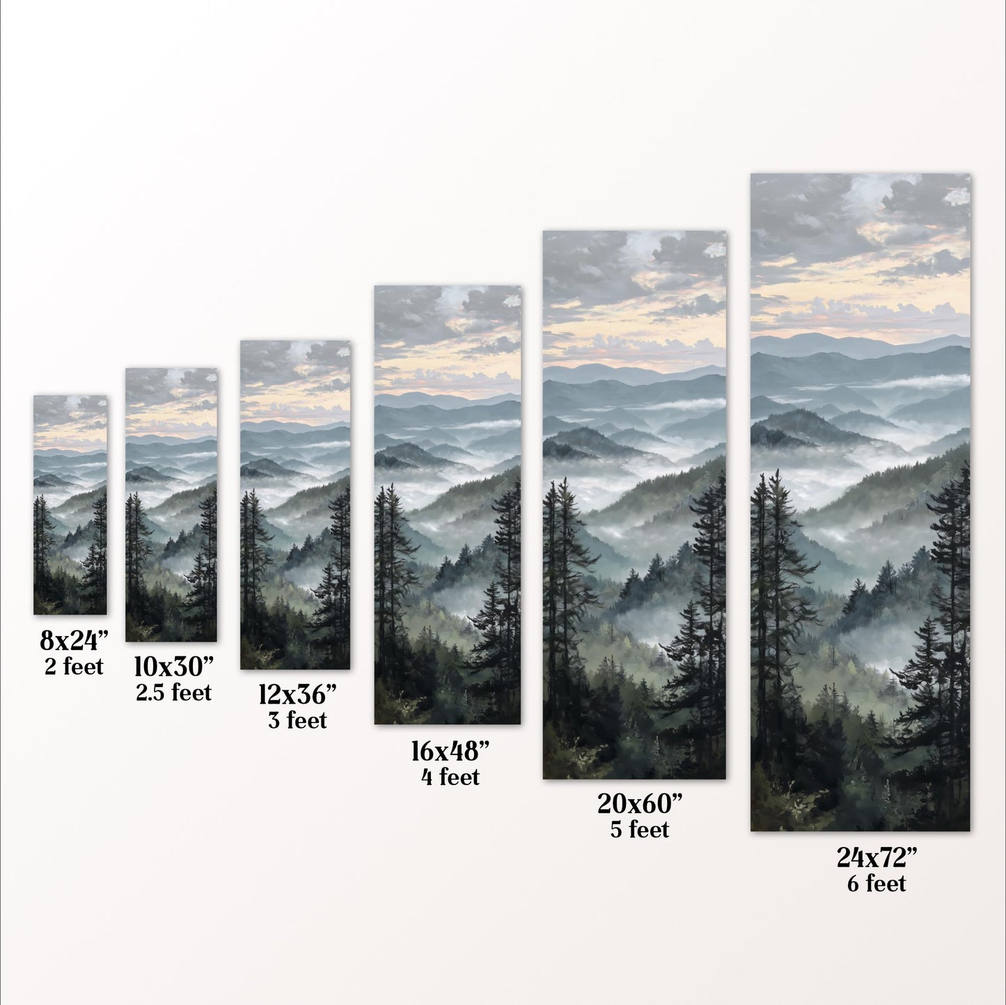 a series of landscape paintings or photographs depicting mountains and forests, each with a different size and frame. The paintings vary in size, ranging from 8x24" to 20x60", and are arranged in a row, showcasing the different frame sizes.