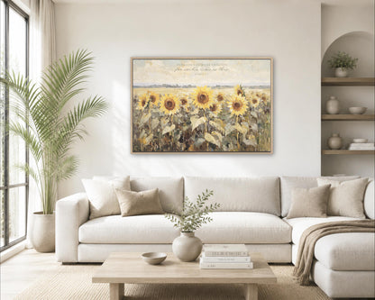 a cozy living room with a large painting of a sunflower field hanging on the wall above a beige sofa. The room is decorated with a potted plant, a vase with flowers, and a stack of books on a coffee table.