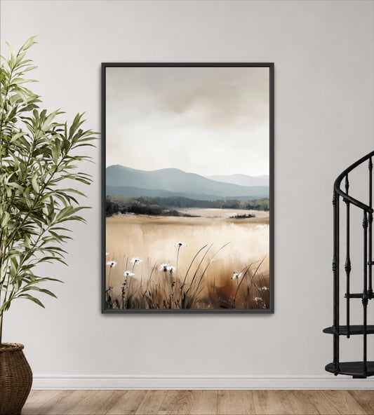 a framed landscape painting hanging on a wall, depicting a serene countryside scene with a field of tall grass and distant mountains.