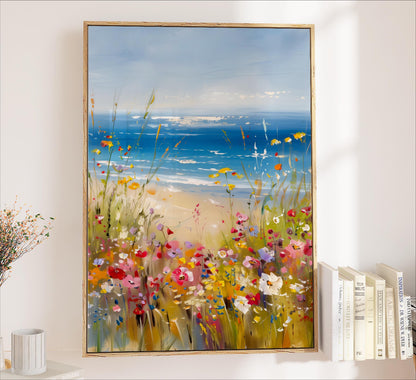 a large framed painting of a vibrant coastal scene with a blue sky, ocean, and colorful wildflowers.