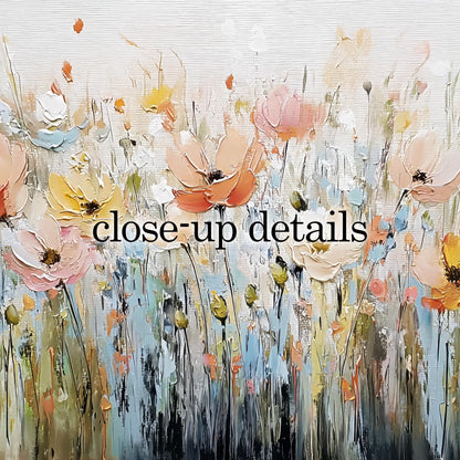 The image is a close-up of a painting featuring a field of colorful flowers, with the text "close-up details" overlaid on the image.