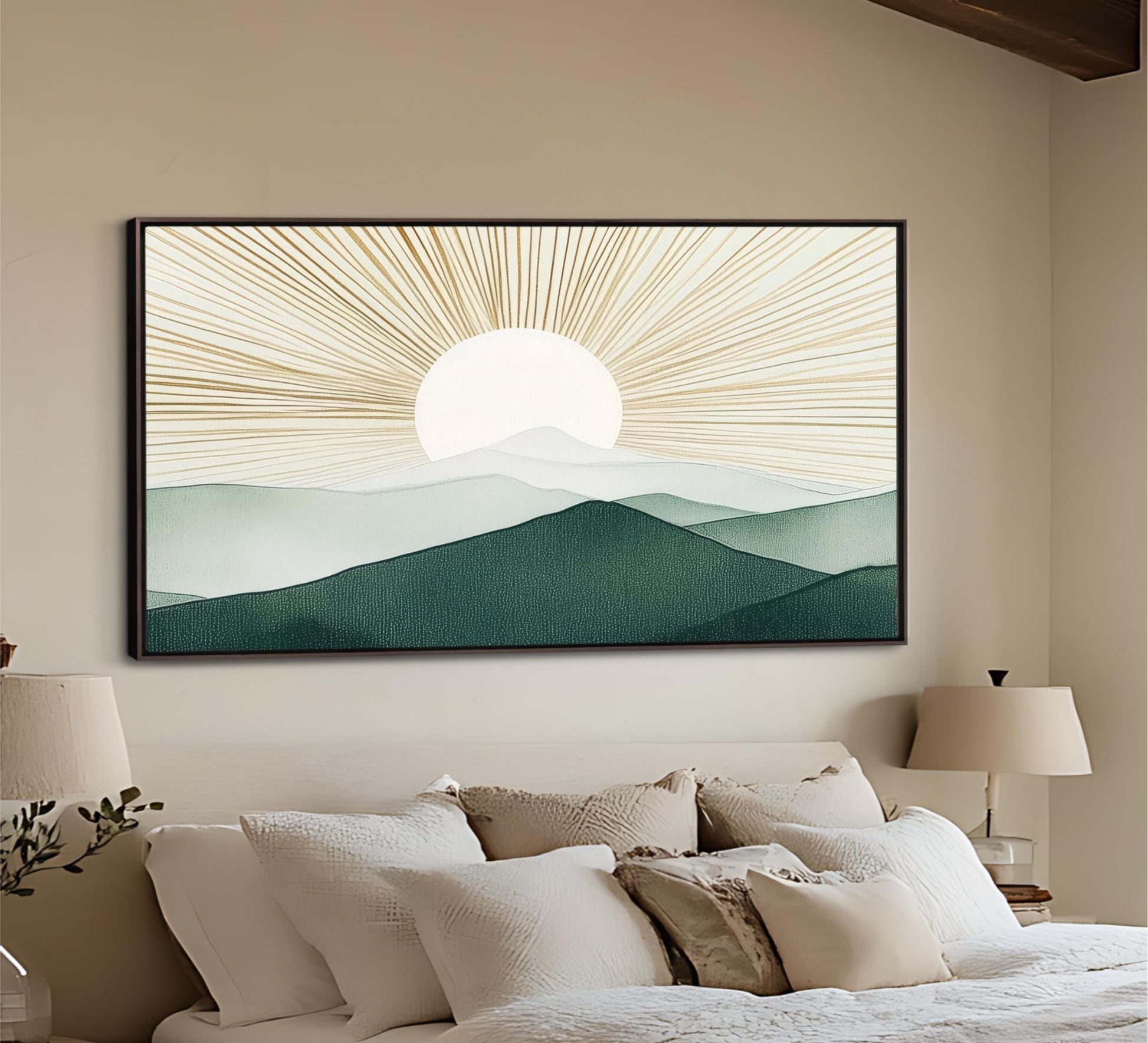 a large, framed painting of a mountain landscape with a sun in the background, hanging on the wall above a bed with white bedding.