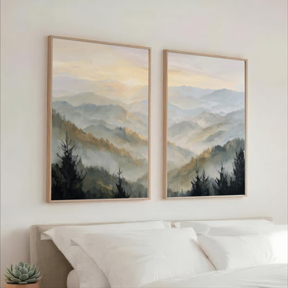 Gold Mountains Sunrise Framed Art Set of 2, Large Canvas Print, Foggy Landscape, Hazy Golden Sky Artwork, Wall Decor, Shipped