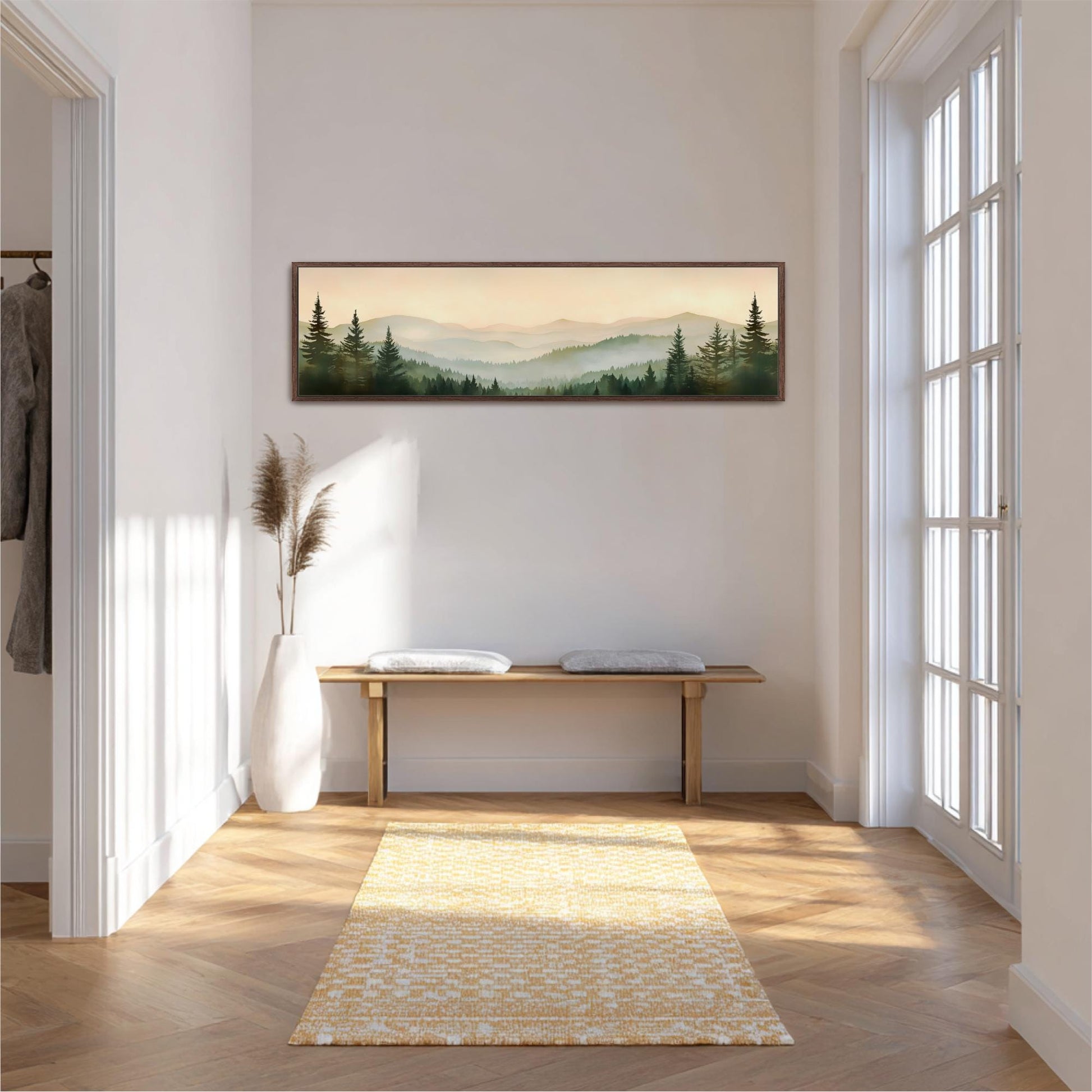 a serene and well-lit hallway with a wooden bench, a large window, and a painting of a mountain landscape hanging on the wall.