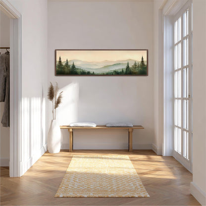 a serene and well-lit hallway with a wooden bench, a large window, and a painting of a mountain landscape hanging on the wall.