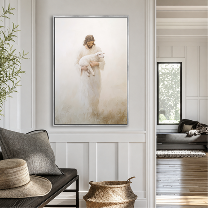 a large painting of a person holding a lamb, hanging on a wall in a room with a couch and a basket.