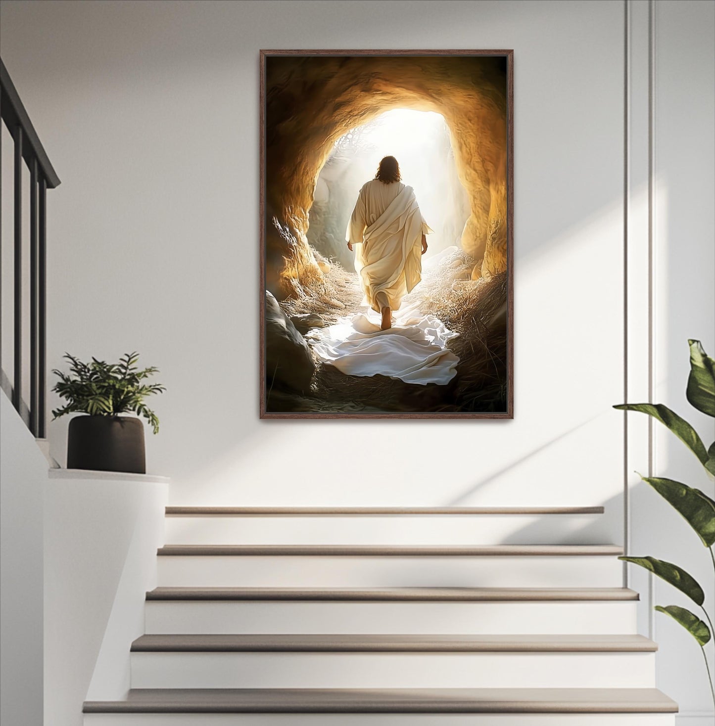 a person walking down a set of stairs, leading towards a large, illuminated tunnel or cave.