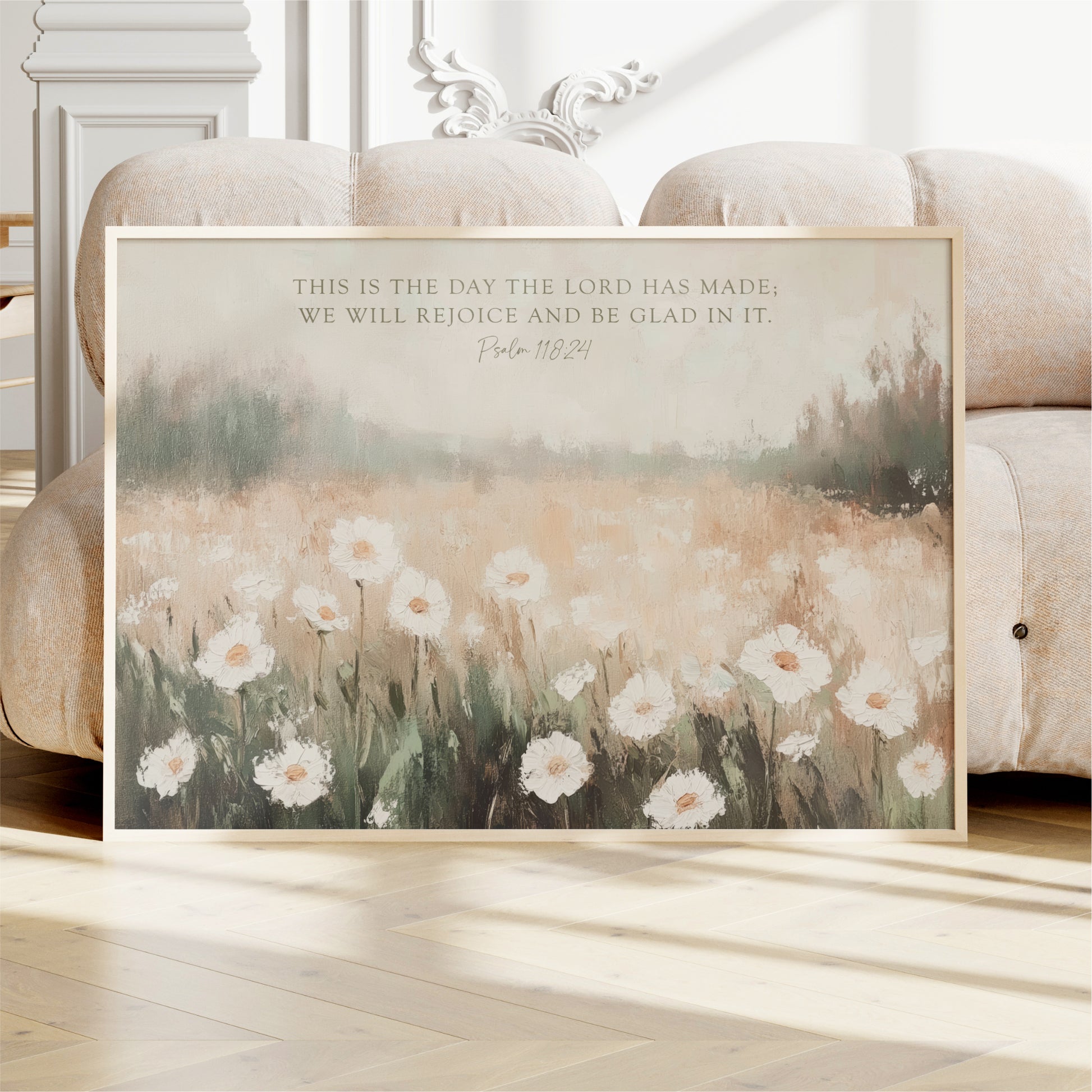 a framed painting of a field of white flowers, with a text overlay that reads "This is the day the Lord has made, we will rejoice and be Glad in it. Psalm 18:24".