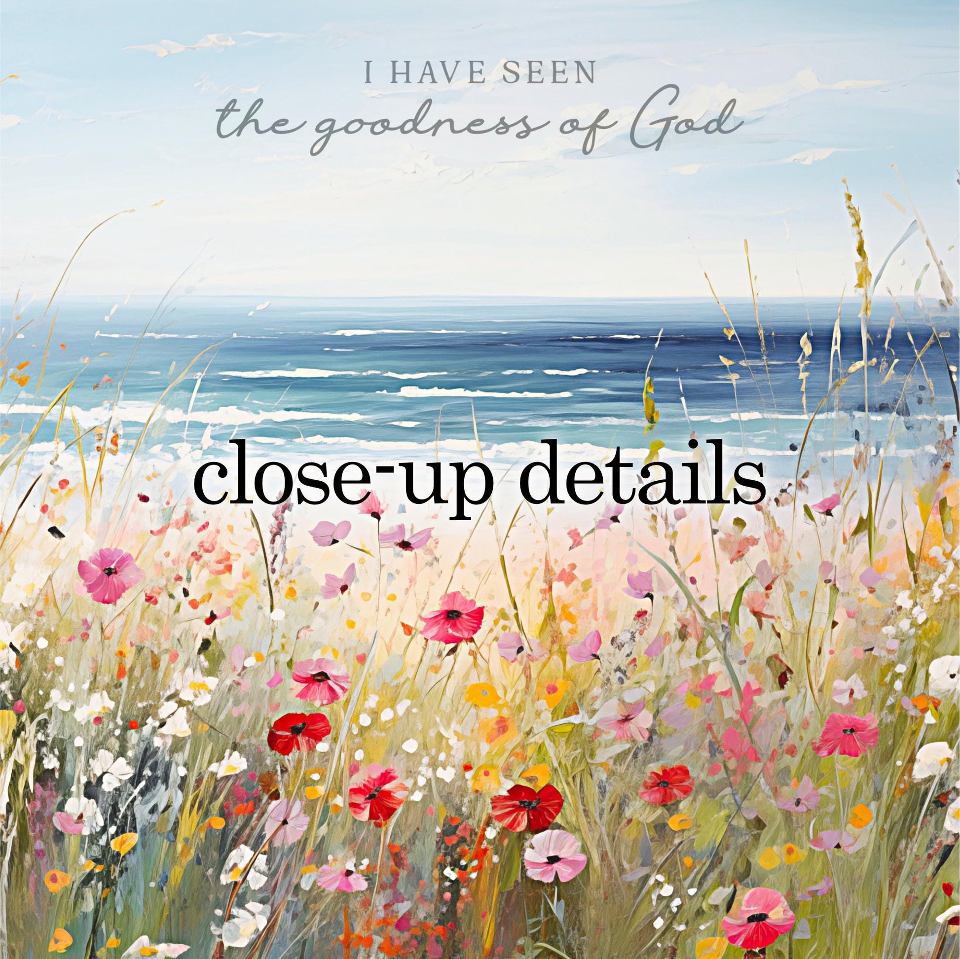 a serene landscape with a vibrant field of colorful flowers in the foreground, overlooking a picturesque ocean view.
