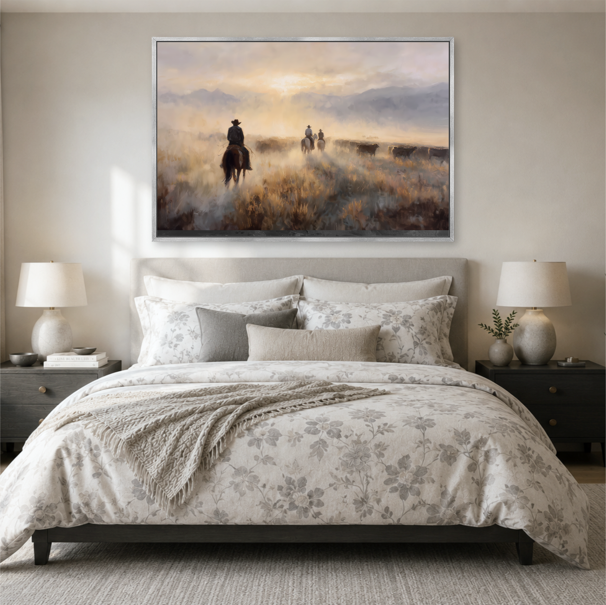 a serene bedroom scene with a large bed, a painting of cowboys on horseback, and a landscape painting above the bed.