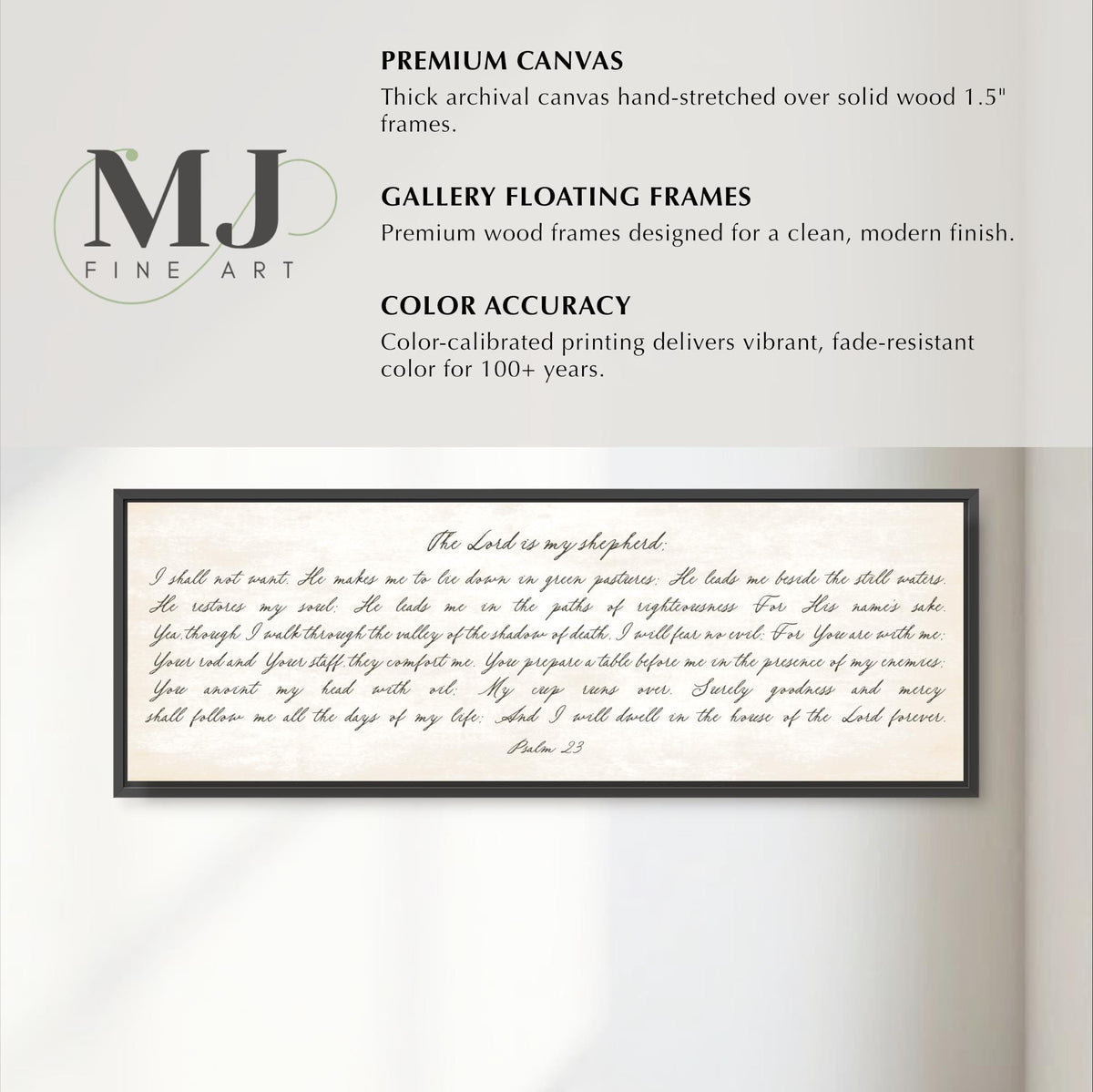 The image is a framed artwork featuring a handwritten message in a cursive script. The message appears to be a religious or biblical passage, and the artwork is described as a "Premium Canvas" and a "Gallery Floating Frames" with a focus on color accuracy.