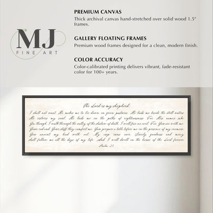 The image is a framed artwork featuring a handwritten message in a cursive script. The message appears to be a religious or biblical passage, and the artwork is described as a "Premium Canvas" and a "Gallery Floating Frames" with a focus on color accuracy.