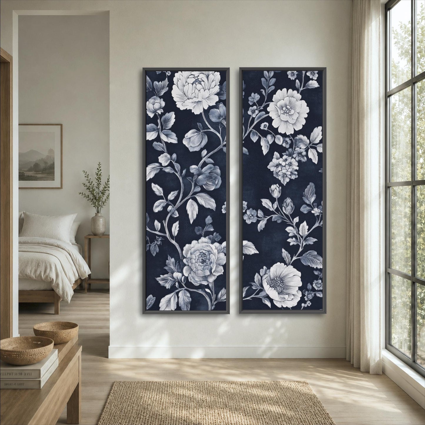 a bedroom with a large floral print on the wall, a bed, a nightstand, and a window.