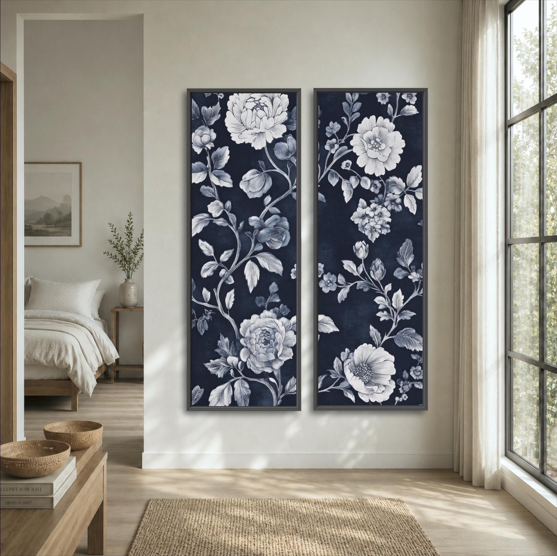 a bedroom with a large floral print on the wall, a bed, a nightstand, and a window.