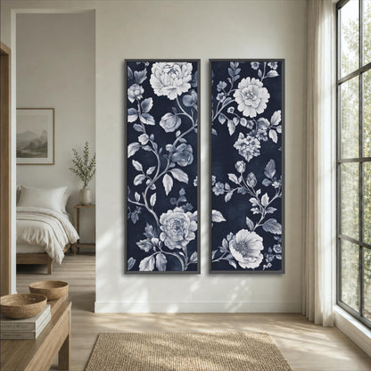 a bedroom with a large floral print on the wall, a bed, a nightstand, and a window.