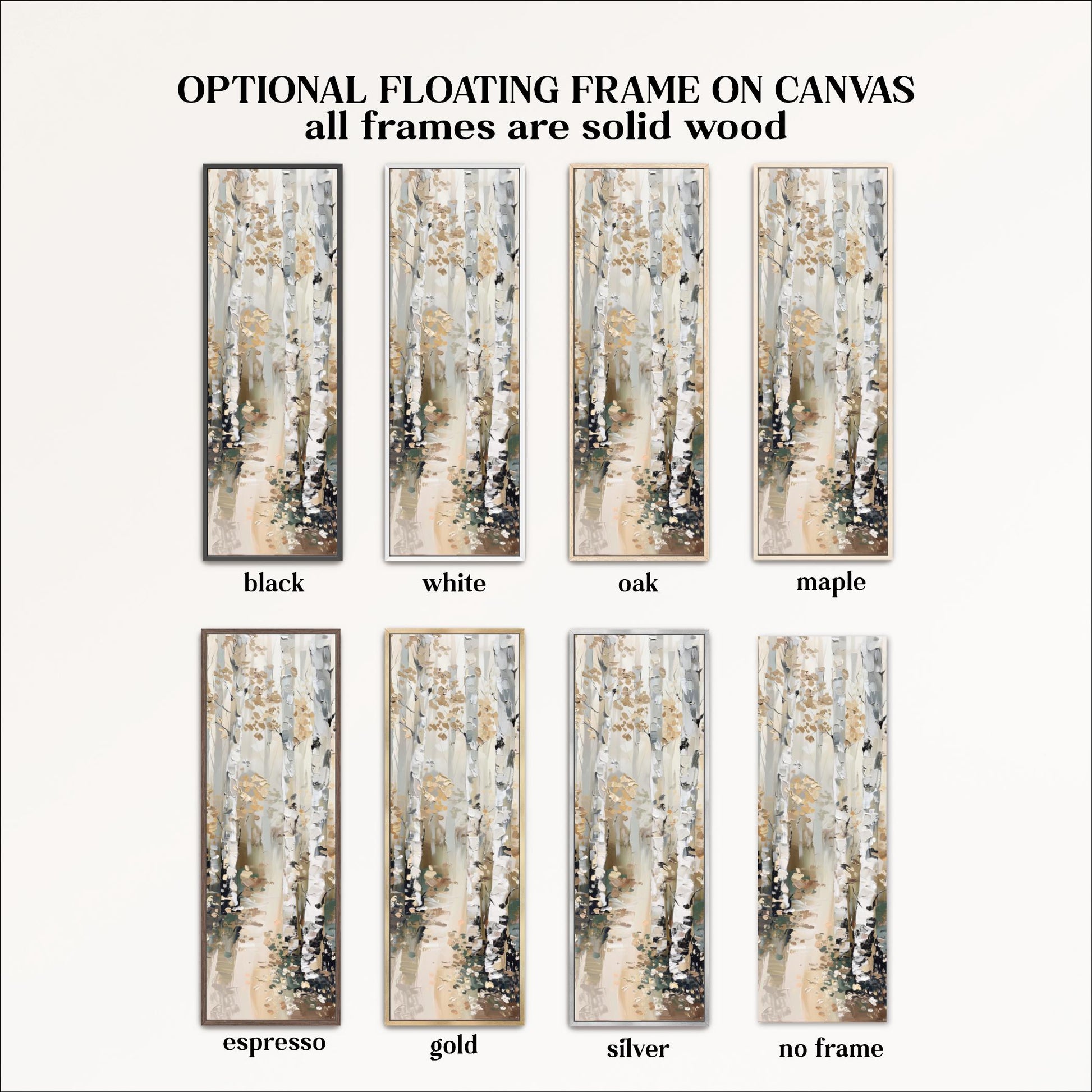 a collection of eight framed artworks, each with a different color and frame style, arranged in a grid format.