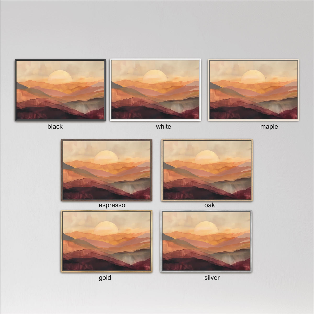 six framed landscape paintings depicting various mountain scenes, each with a different color scheme. The paintings are arranged in a grid format, with three paintings in each row and two paintings in each column. The color schemes include black, white, and maple, as well as gold, silver, and oak.