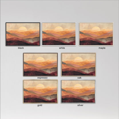 six framed landscape paintings depicting various mountain scenes, each with a different color scheme. The paintings are arranged in a grid format, with three paintings in each row and two paintings in each column. The color schemes include black, white, and maple, as well as gold, silver, and oak.