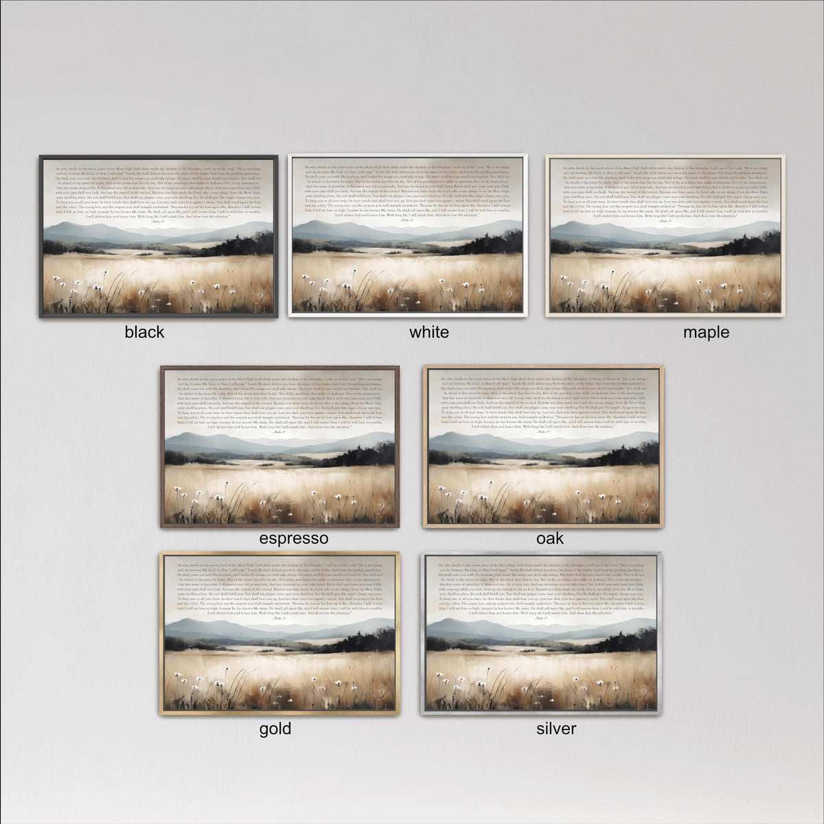 six framed landscape paintings, each with a different color and frame style, arranged in a grid.